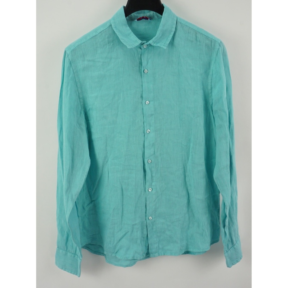 Leoni Al Sole Italy 100% Linen Mens Medium Long Sleeve Turquoise Button Up Shirt